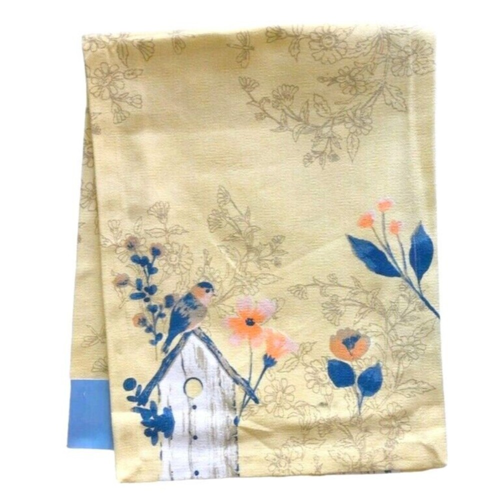 Nantucket Table Runner Yellow Birdhouse Birds Spring Floral 100% Cotton 13X72"
